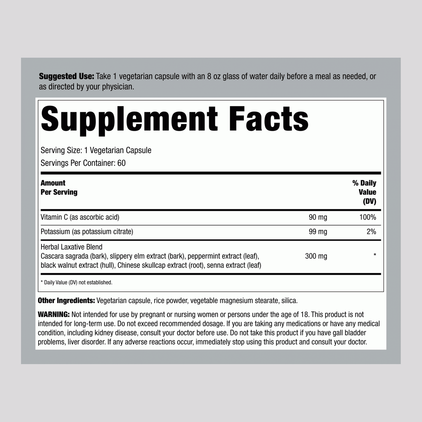 Supplement Facts panel for ADVANCED COLON CARE II with details about ingredients and nutritional information. Contains 60 capsules.