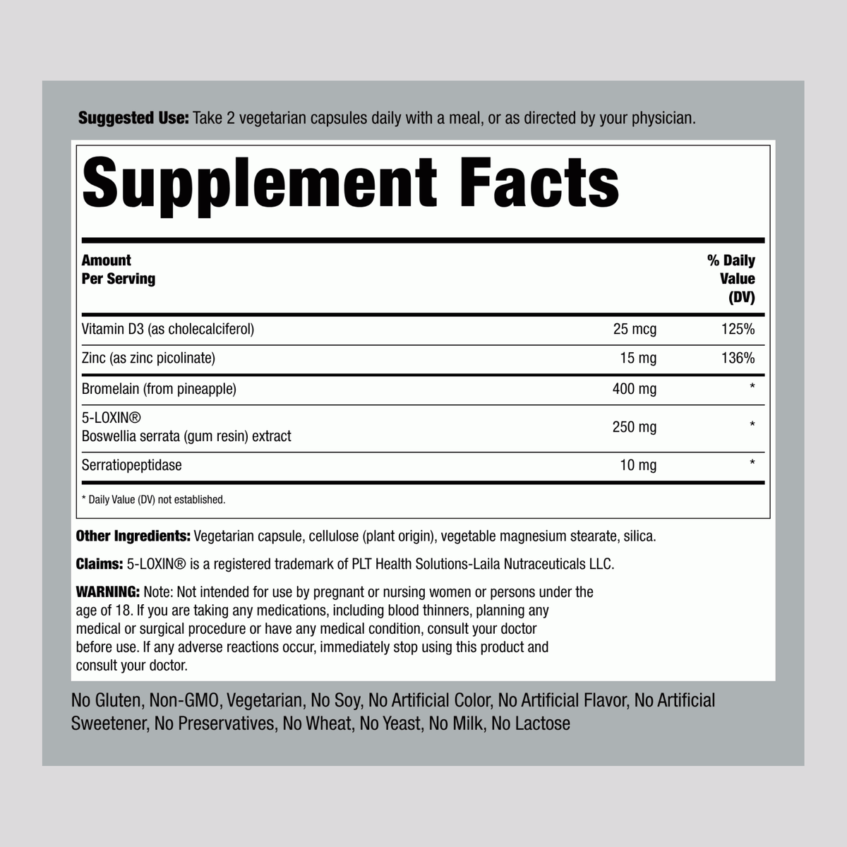 Image of Supplement Facts panel for TH ARTHROZYME PLUS 60 Capsules.