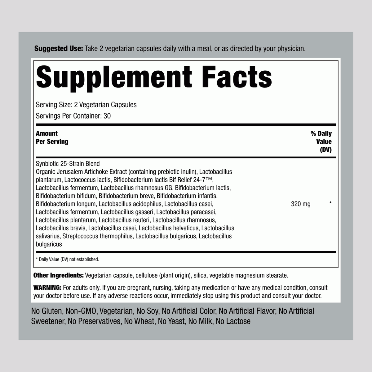 Supplement Facts for FLORA SOURCE MULTI-PROBIOTIC 60 Capsules.