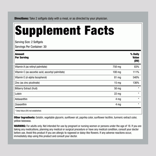 View 2 Supplement Facts panel for TH HEALTHY VISION COMPLETE, showing ingredients and nutritional content for 60 softgels.