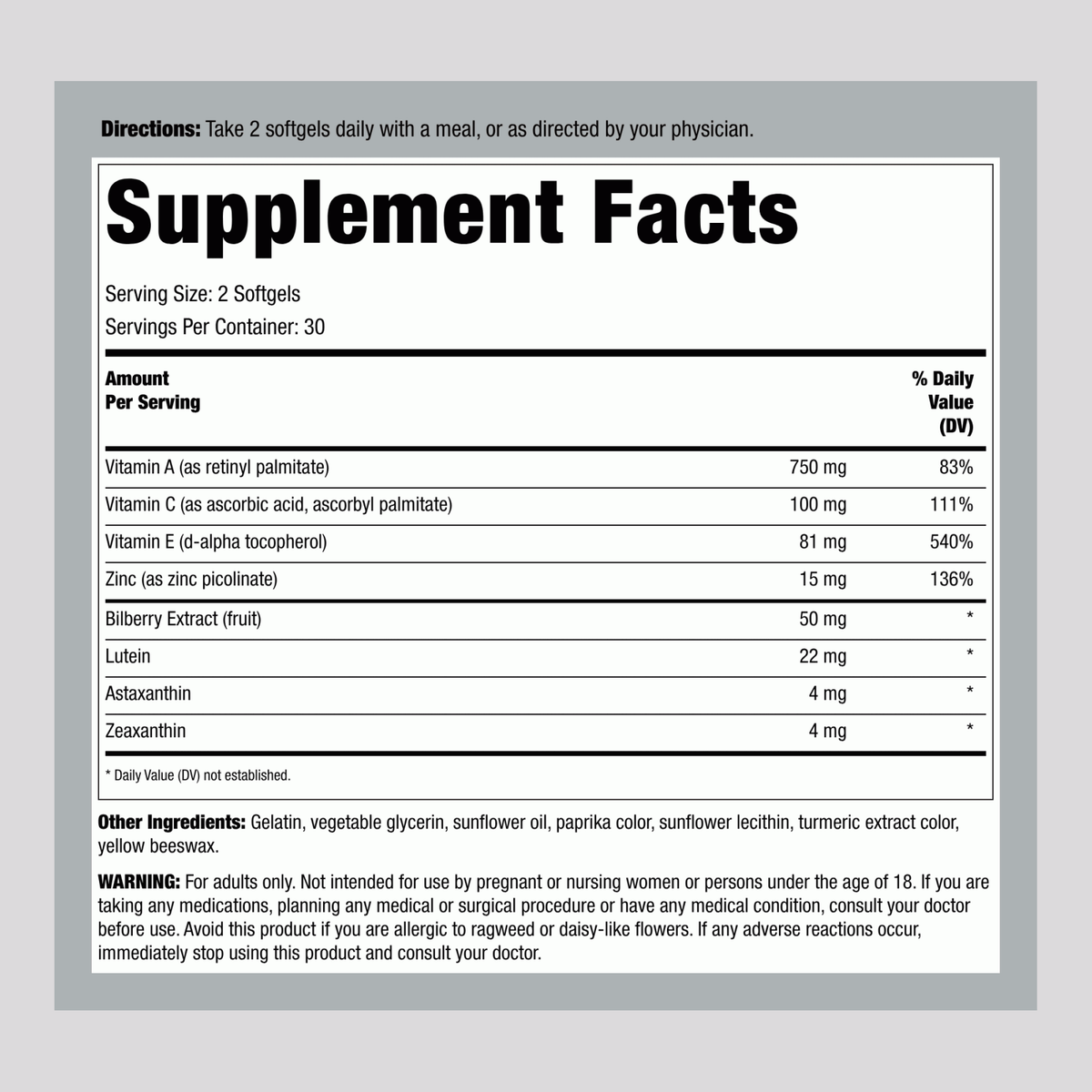 Supplement Facts panel for TH HEALTHY VISION COMPLETE, showing ingredients and nutritional content for 60 softgels.
