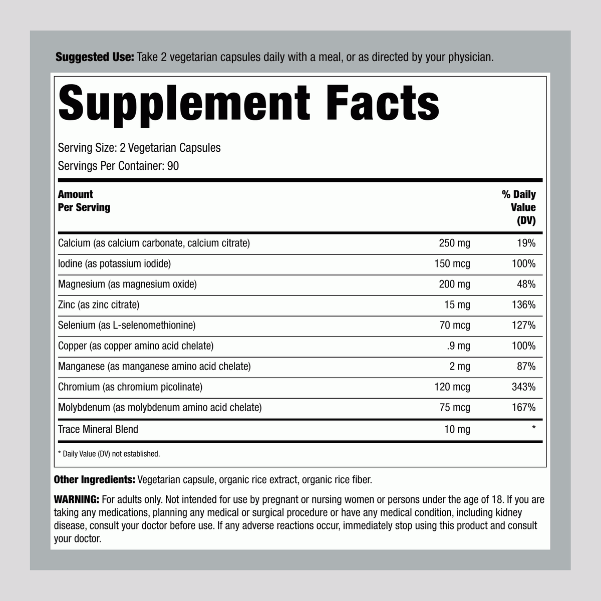 Supplement Facts panel for TH MINERAL POWER! 180 Caps, detailing the nutrient composition and dosage information.